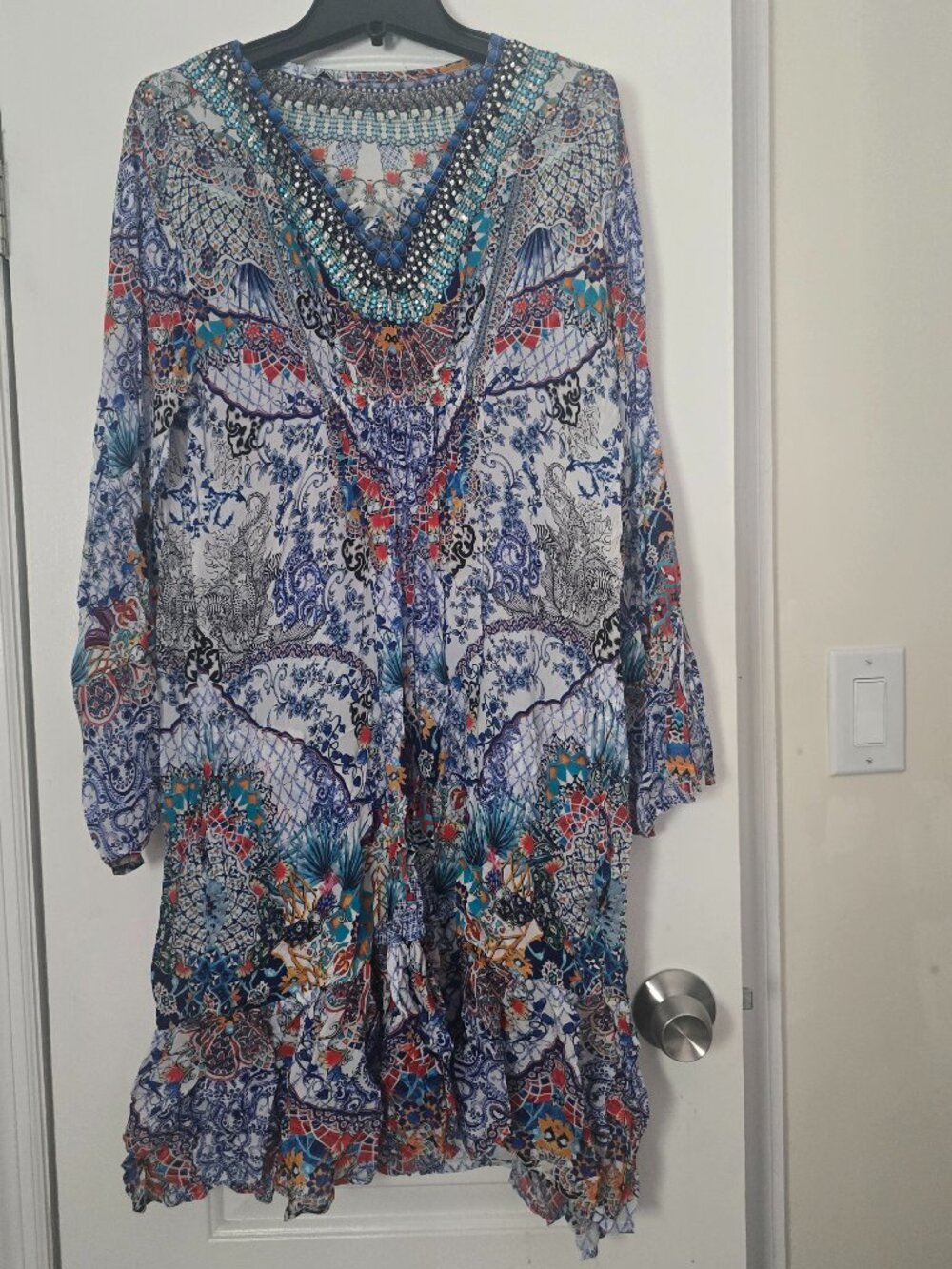 True Colors WMNs L/XL blue semi sheer Kraftan cover up Red La Moda allover print